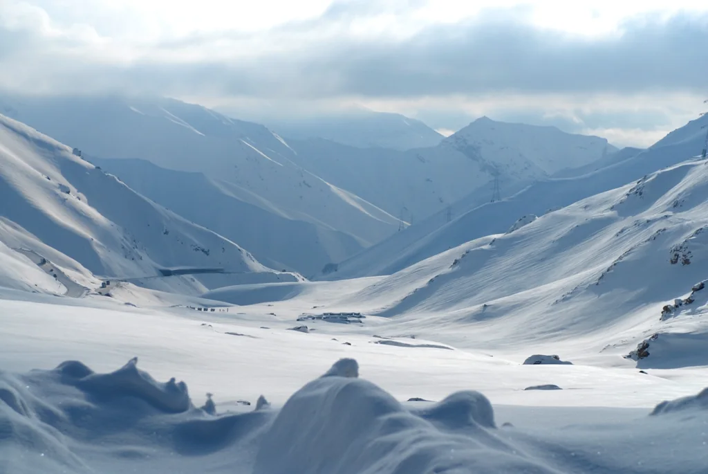 Snow-covered Hindu Kush mountains outside the Salang Tunnel
